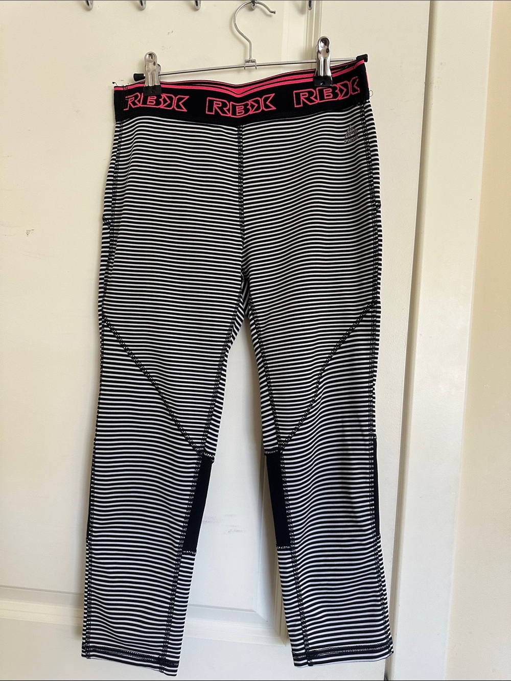 RBX Black & White Striped Athletic Leggings with Pink Logo Waistband